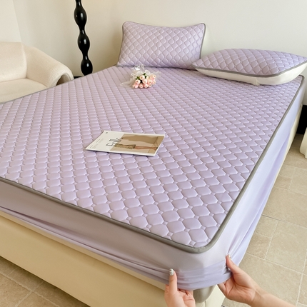 91家纺网 家纺一手货源 找家纺 2025新款加厚乳胶床笠款经典纯色夏被套件 方格-浅紫