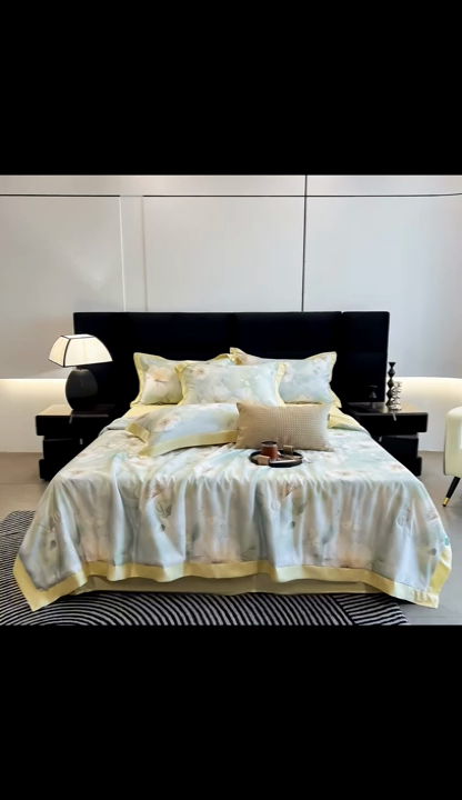 91家纺网 家纺一手货源 找家纺 朵希曼2025新款50天丝宽边夏被和夏被四件套系列 三月花香