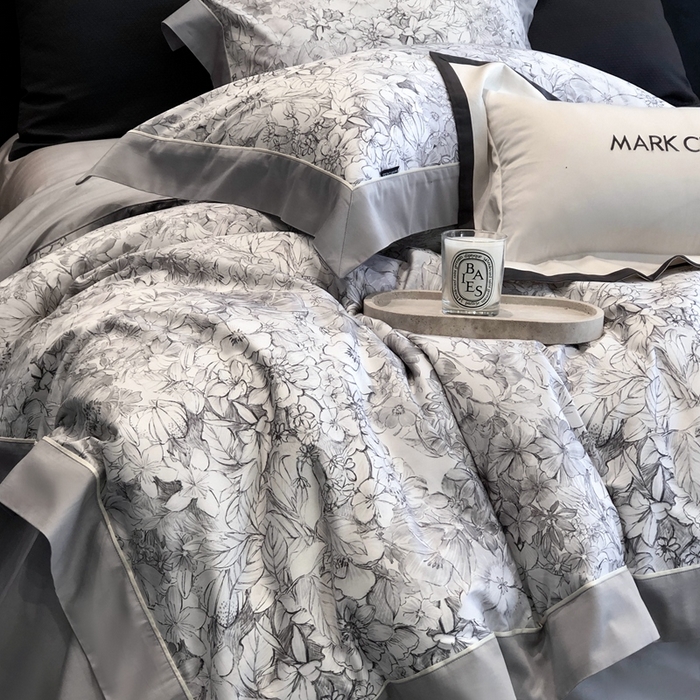 91家纺网 家纺一手货源 找家纺 佳汐蓝2025新款典雅诗意花卉全棉印花四件套券后不低于438/458元 雾隐巴黎-星空灰