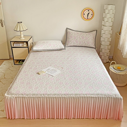 富馨莱 2025春夏新款公主仙女风480克PE凉感凉豆豆床裙凉席三件套 玫瑰花园-粉床裙款