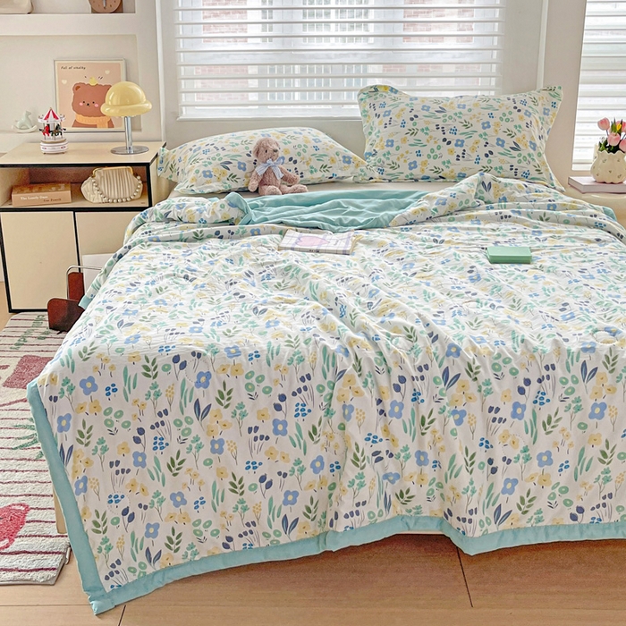 91家纺网 家纺一手货源 找家纺 富艺隆 2025新款水洗棉双层纱夏被 海岛清茶