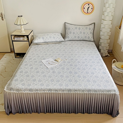 富馨莱 2025春夏新款公主仙女风480克PE凉感凉豆豆床裙凉席三件套 玫瑰花园-灰床裙款