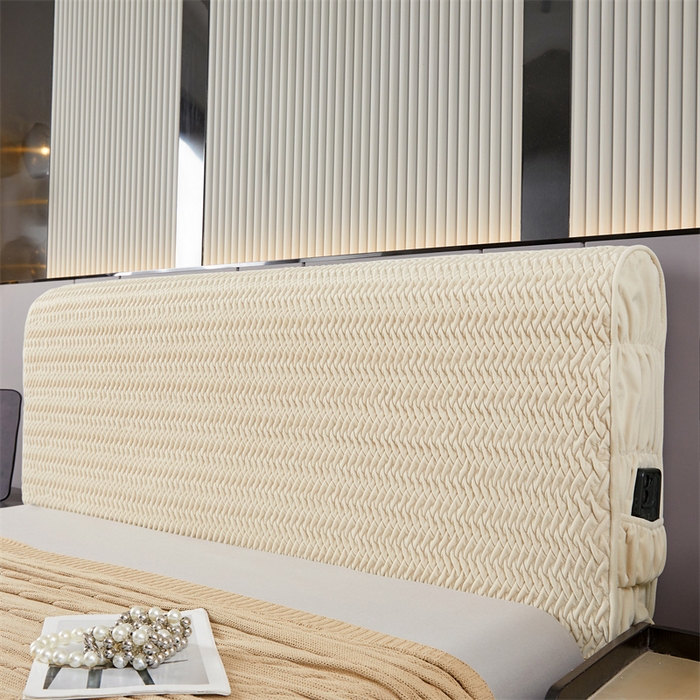 91家纺网 家纺一手货源 找家纺 情恒家纺 2025新款德芙绒工艺款全包床头罩 奶油白