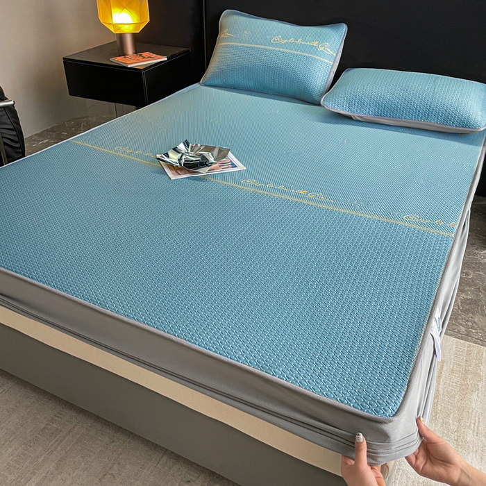 91家纺网 家纺一手货源 找家纺 2025新款提花冰豆豆凉席床笠床席三件套幸运草系列 幸运草-蓝