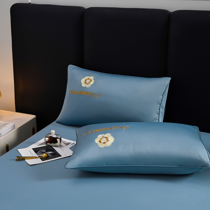 91家纺网 家纺一手货源 找家纺 优尚家纺 2025新款水洗天丝刺绣夏被夏被四件套 冰岛蓝