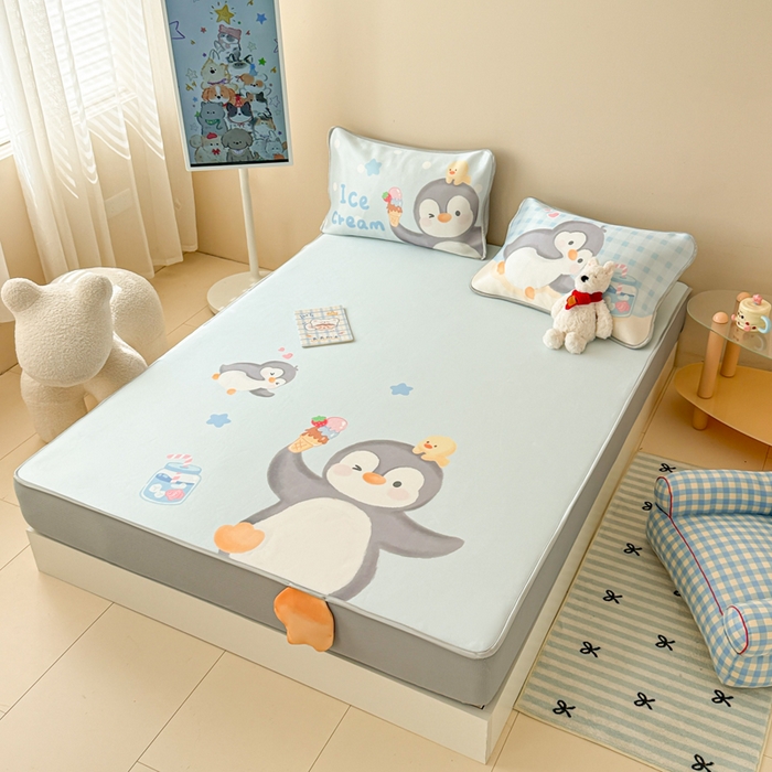 91家纺网 家纺一手货源 找家纺 慕尚家纺 2025新款凉感卡通工艺席床笠-企鹅宝宝