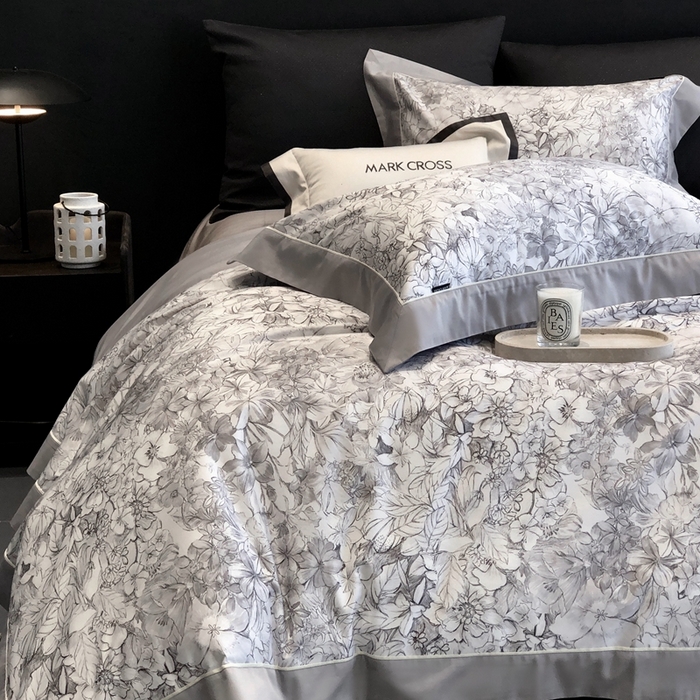 91家纺网 家纺一手货源 找家纺 佳汐蓝2025新款典雅诗意花卉全棉印花四件套券后不低于438/458元 雾隐巴黎-星空灰