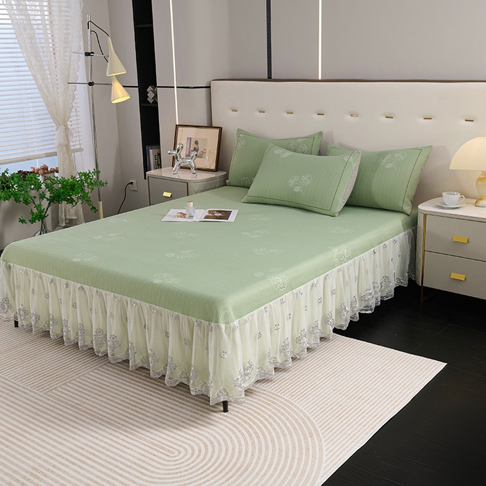 91家纺网 家纺一手货源 找家纺 席之家 2025新款3D冰感蕾丝床裙豆豆席 蕾丝-茶花之恋-水绿