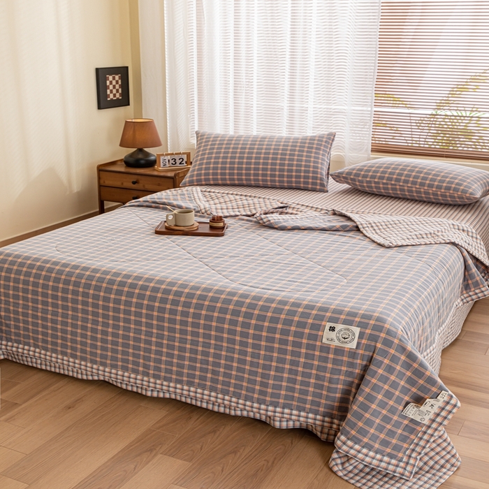 91家纺网 家纺一手货源 找家纺 鑫棉坊 2025新款全棉色织水洗棉A类棉花夏被可机洗空调被四件套床单枕套 静雅方格
