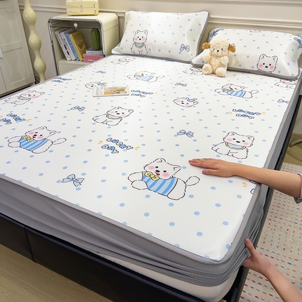 摩妮卡 2025新款小清新碳光冰丝软席床笠款单床笠三件套 趣点蓝犬