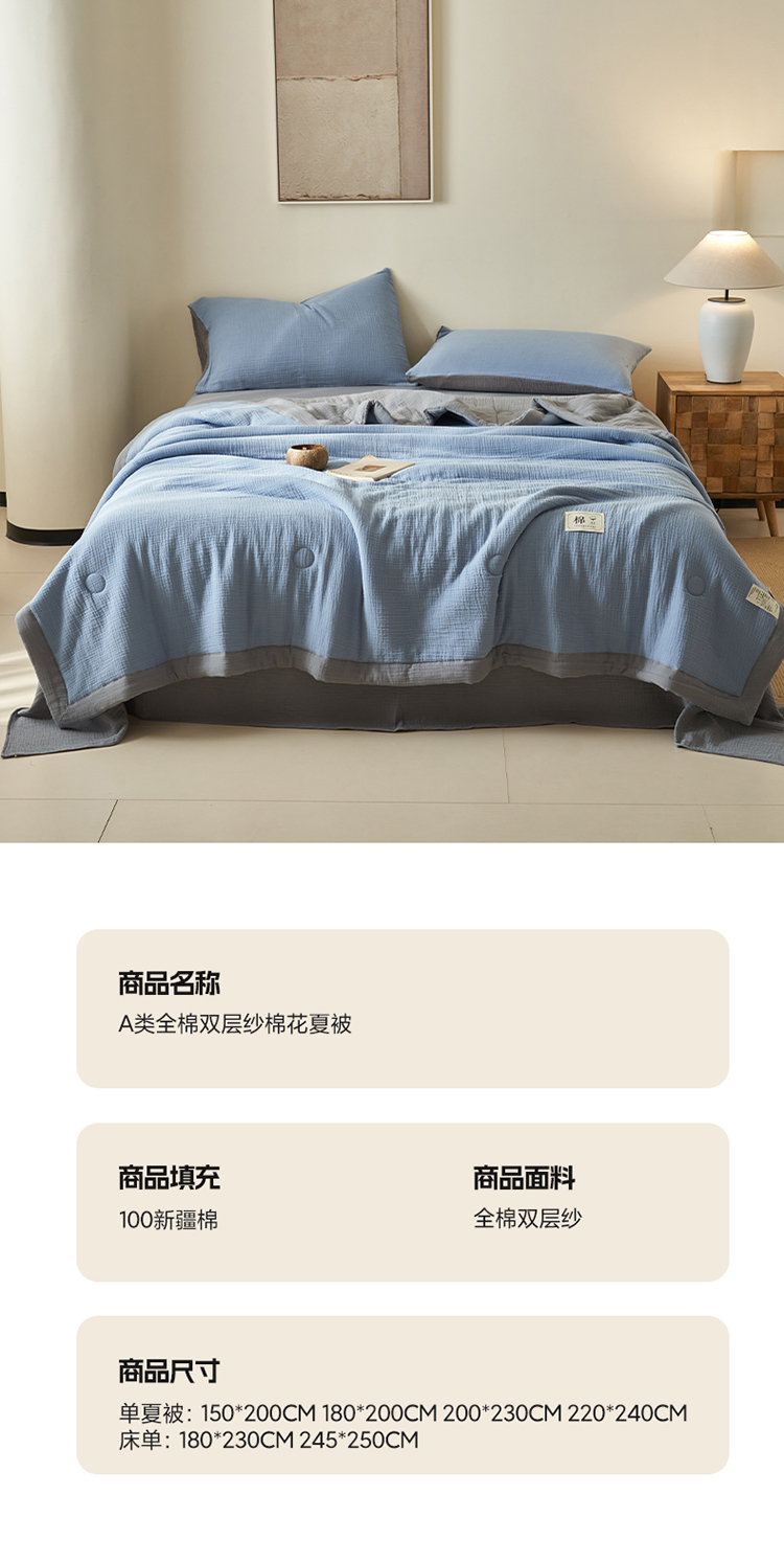 91家纺网 家纺一手货源 找家纺 简如 2025新款A类全棉双层纱皱皱纱夏被四件套-简系列 雾霾蓝