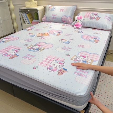 摩妮卡 2025新款小清新碳光冰丝软席床笠款单床笠三件套 凯蒂公主