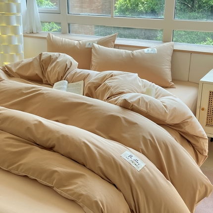 禧澜庭 2025新款纯棉全棉水洗棉斜纹无印风贴标四件套三件套 驼色+奶茶色