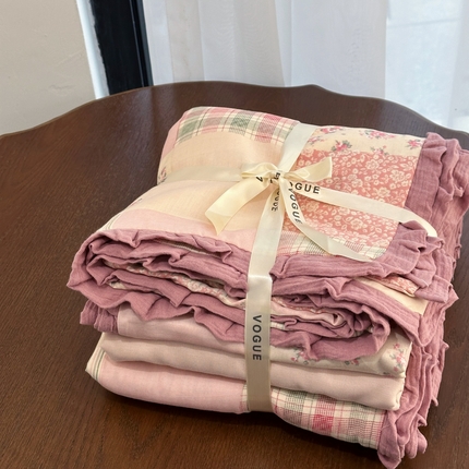 91家纺网 家纺一手货源 找家纺 （总）黛馨 2025新款全棉纯棉A类小清新双层纱四件套-皱皱边系列