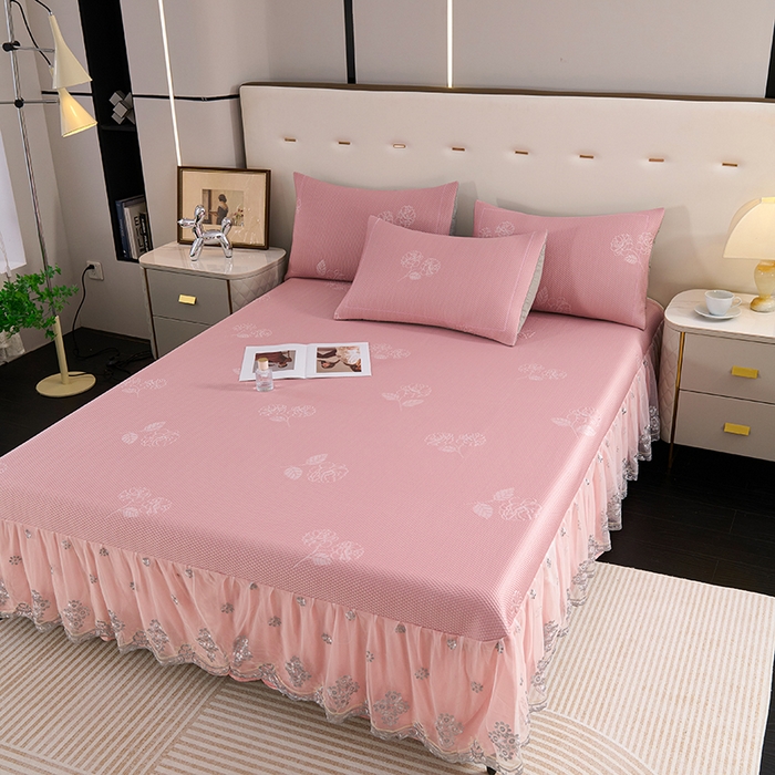 91家纺网 家纺一手货源 找家纺 席之家 2025新款3D冰感蕾丝床裙豆豆席 蕾丝-茶花之恋-粉