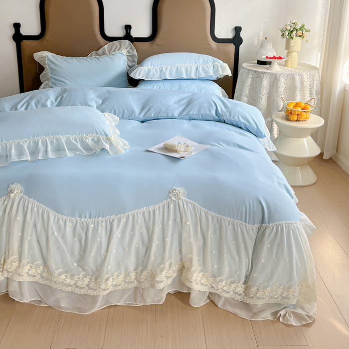 91家纺网 家纺一手货源 找家纺 艺玲家纺 2025新款糯小棉爱丽莎雪纺花边四件套 爱丽莎-蓝