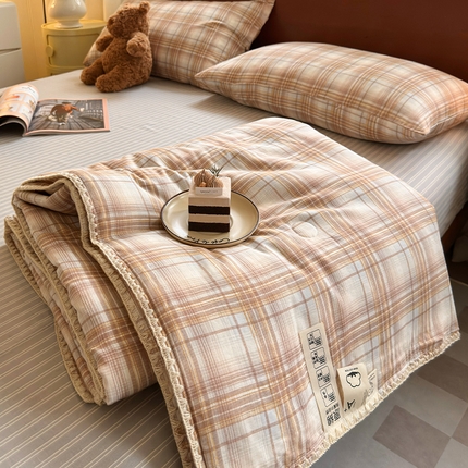 一加一 2025新款A类母婴级有氧全棉双层纱大豆纯棉夏凉被空调被四件套 落日橘格