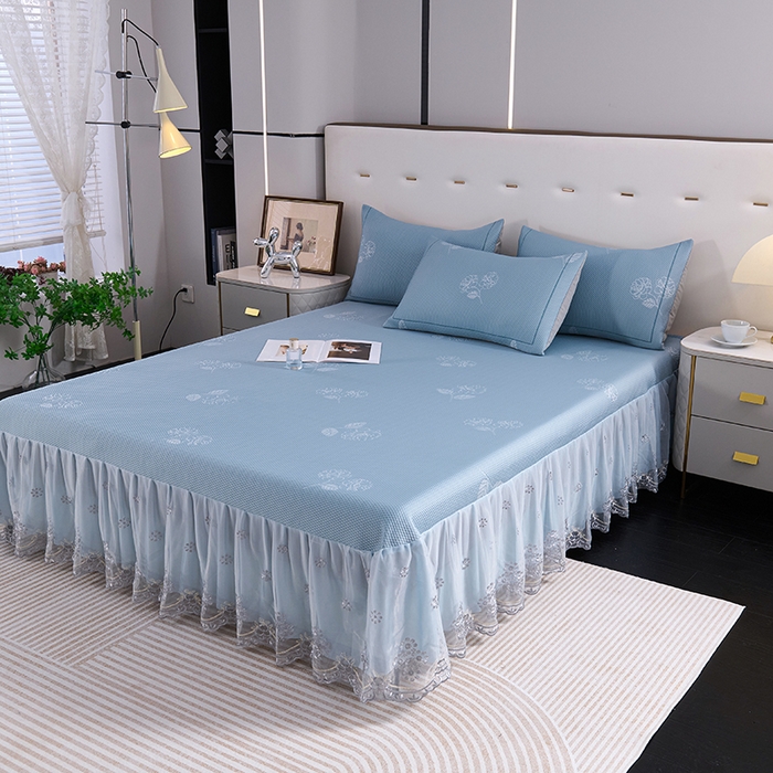 91家纺网 家纺一手货源 找家纺 席之家 2025新款3D冰感蕾丝床裙豆豆席 蕾丝-茶花之恋-蓝