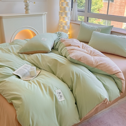 禧澜庭 2025新款纯棉全棉水洗棉斜纹无印风贴标四件套三件套 抹茶绿+奶茶