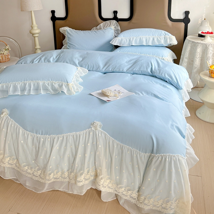 91家纺网 家纺一手货源 找家纺 艺玲家纺 2025新款糯小棉爱丽莎雪纺花边四件套 爱丽莎-蓝