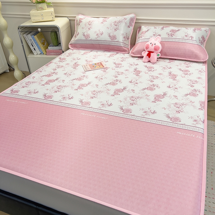 91家纺网 家纺一手货源 找家纺 摩妮卡 2025新款小清新碳光冰丝软席床笠款单床笠三件套 花绮梦-粉