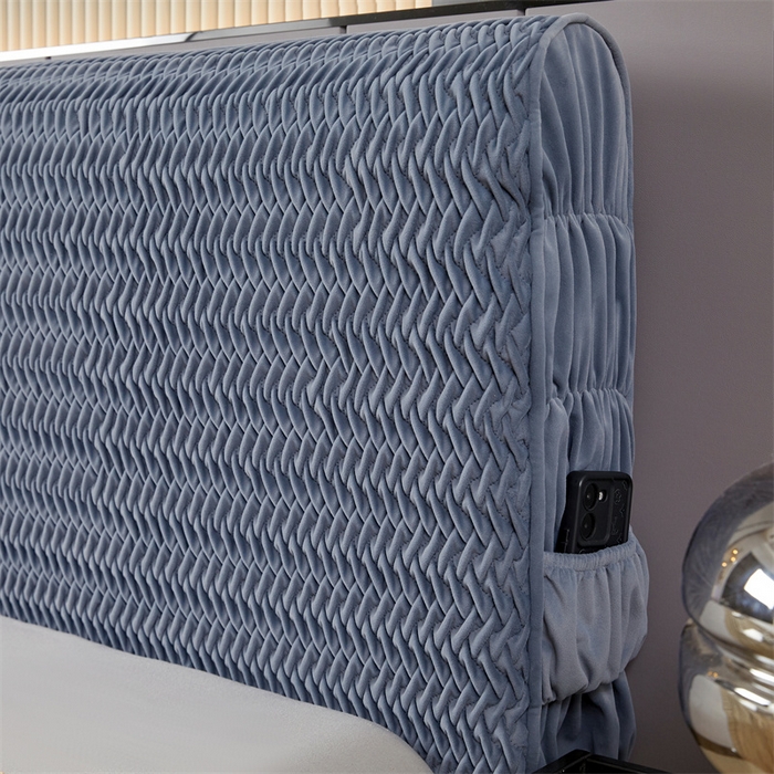 91家纺网 家纺一手货源 找家纺 情恒家纺 2025新款德芙绒工艺款全包床头罩 丹宁蓝