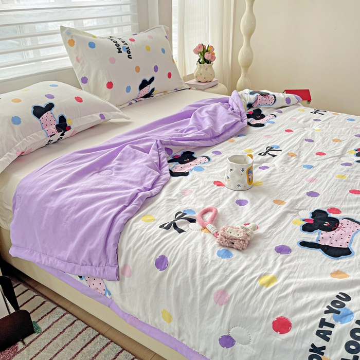 91家纺网 家纺一手货源 找家纺 富艺隆 2025新款水洗棉双层纱夏被 波点小狗