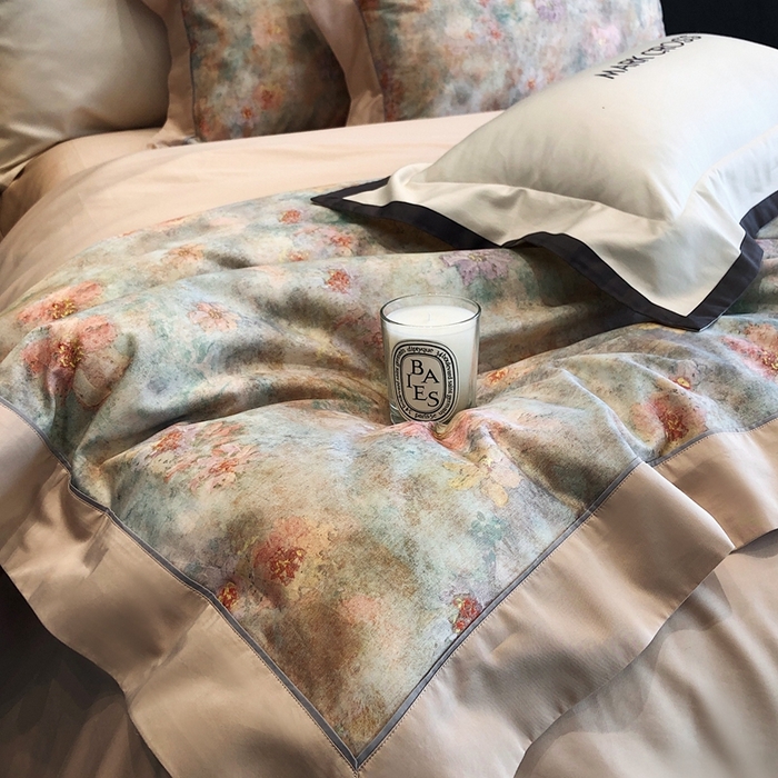 91家纺网 家纺一手货源 找家纺 佳汐蓝2025新款典雅诗意花卉全棉印花四件套券后不低于438/458元 时光之恋-杏黄桔