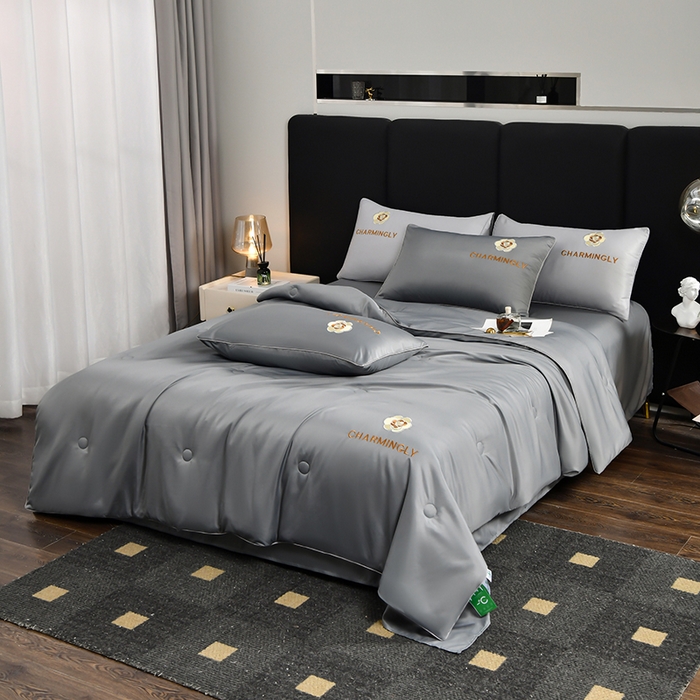 91家纺网 家纺一手货源 找家纺 优尚家纺 2025新款水洗天丝刺绣夏被夏被四件套 深冬灰