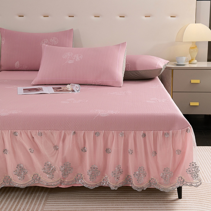 91家纺网 家纺一手货源 找家纺 席之家 2025新款3D冰感蕾丝床裙豆豆席 蕾丝-茶花之恋-粉