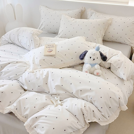 91家纺网 家纺一手货源 找家纺 吾欢心 2025新款韩版花边水洗双层纱四件套夏被四件套（棚拍图） 黑白波点