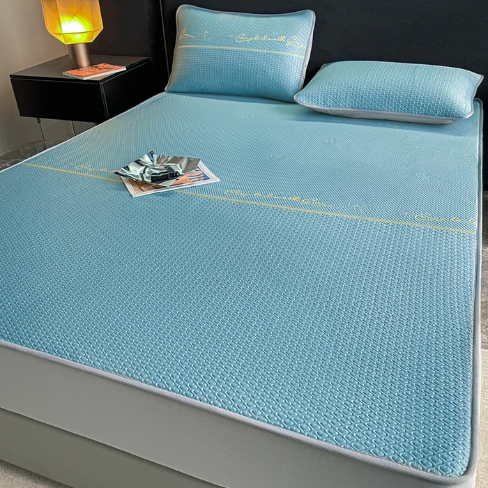 91家纺网 家纺一手货源 找家纺 2025新款提花冰豆豆凉席床笠床席三件套幸运草系列 幸运草-蓝