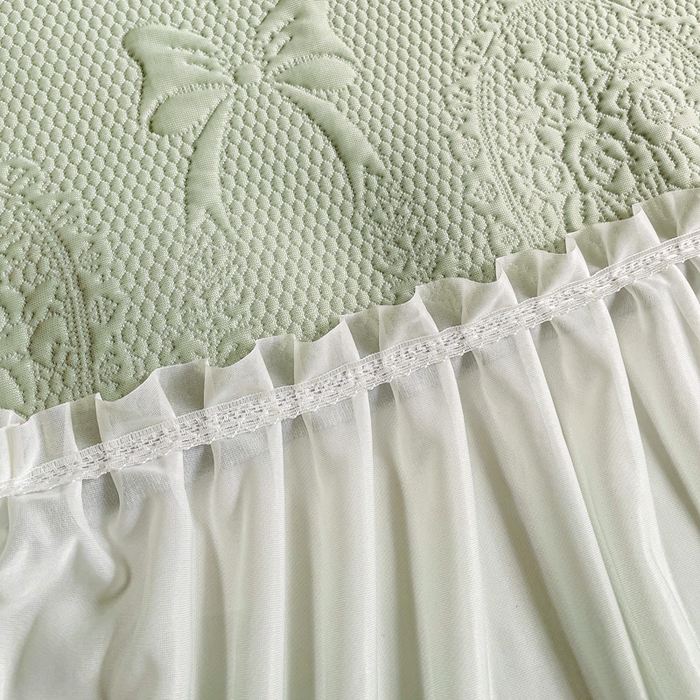 91家纺网 家纺一手货源 找家纺 富馨莱 2025春夏新款公主仙女风480克PE凉感凉豆豆床裙凉席三件套 蝴蝶结-绿床裙款