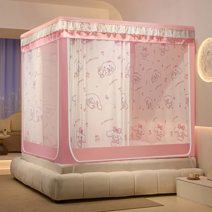 91家纺网 家纺一手货源 找家纺 冉美家纺  2025新款U型遮光方顶坐床蚊帐 粉色小狗