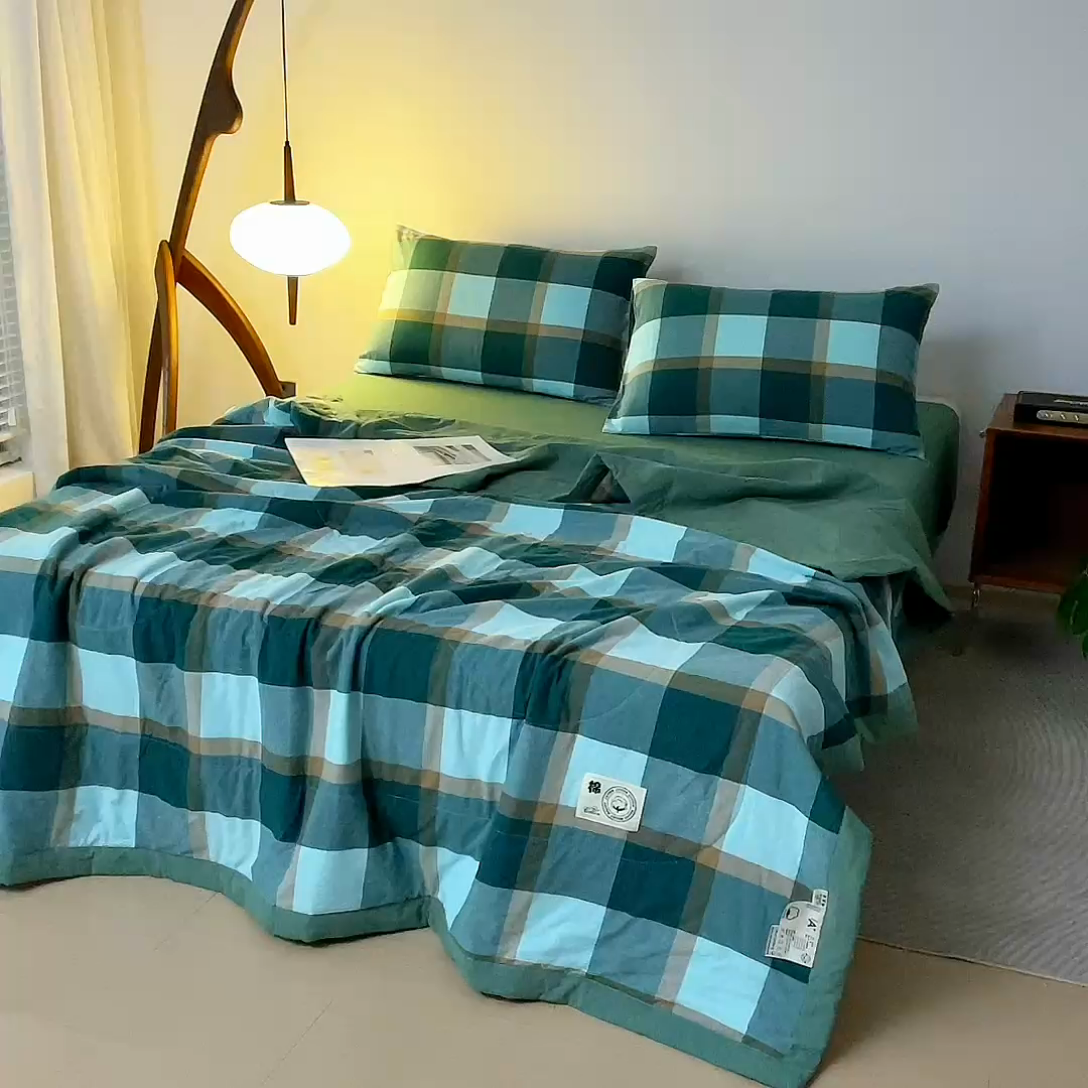 91家纺网 家纺一手货源 找家纺 鑫棉坊 2025新款全棉色织水洗棉A类棉花夏被可机洗空调被四件套床单枕套 淡雅