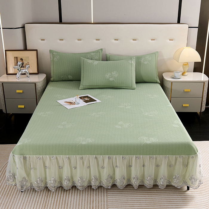 91家纺网 家纺一手货源 找家纺 席之家 2025新款3D冰感蕾丝床裙豆豆席 蕾丝-茶花之恋-水绿