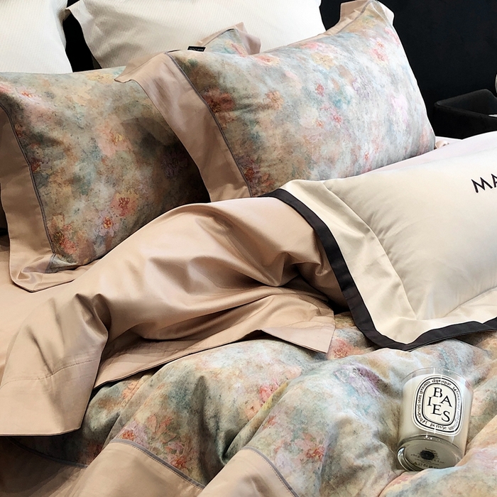 91家纺网 家纺一手货源 找家纺 佳汐蓝2025新款典雅诗意花卉全棉印花四件套券后不低于438/458元 时光之恋-杏黄桔