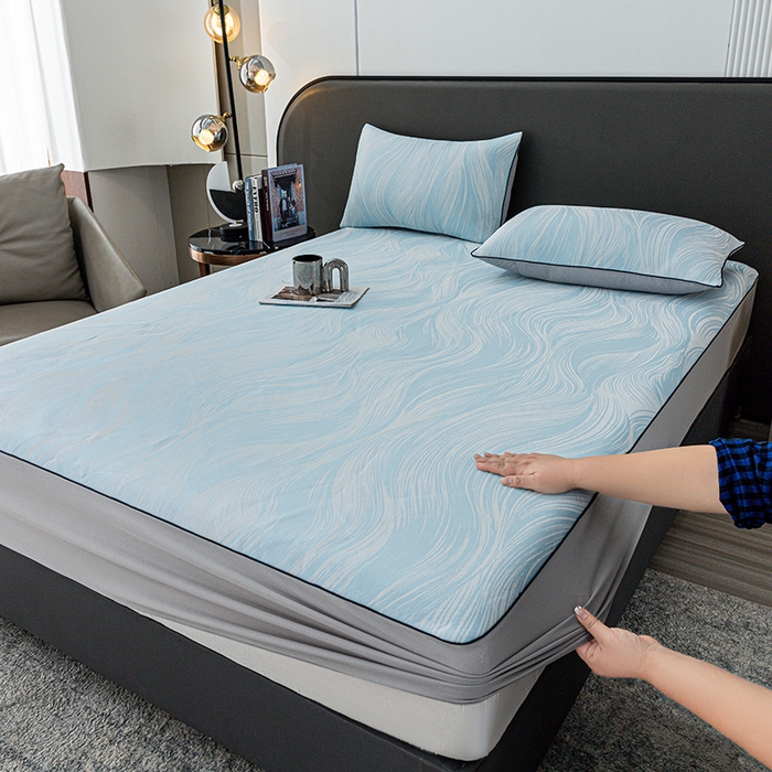 91家纺网 家纺一手货源 找家纺 锦罗绣 2025春夏新款PE中分子凉感提花软凉席席子 极简主义-蓝 床笠款