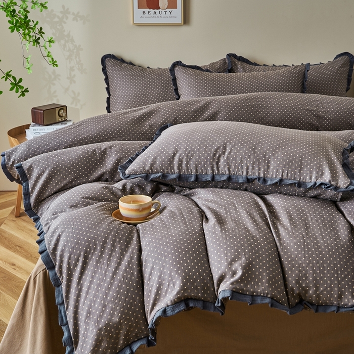 91家纺网 家纺一手货源 找家纺 （总）黛馨 2025新款全棉纯棉A类小清新双层纱四件套-皱皱边系列