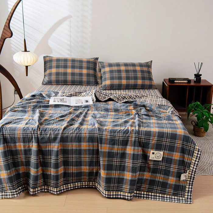 91家纺网 家纺一手货源 找家纺 鑫棉坊 2025新款全棉色织水洗棉A类棉花夏被可机洗空调被四件套床单枕套 伯恩