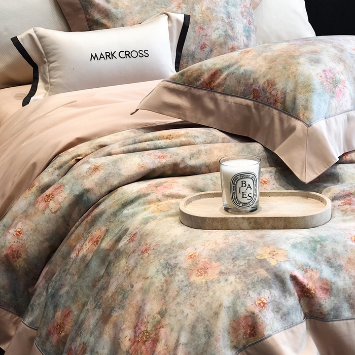 91家纺网 家纺一手货源 找家纺 佳汐蓝2025新款典雅诗意花卉全棉印花四件套券后不低于438/458元 时光之恋-杏黄桔