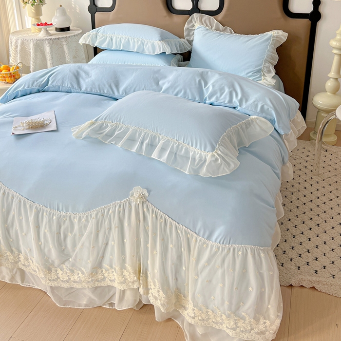 91家纺网 家纺一手货源 找家纺 艺玲家纺 2025新款糯小棉爱丽莎雪纺花边四件套 爱丽莎-蓝