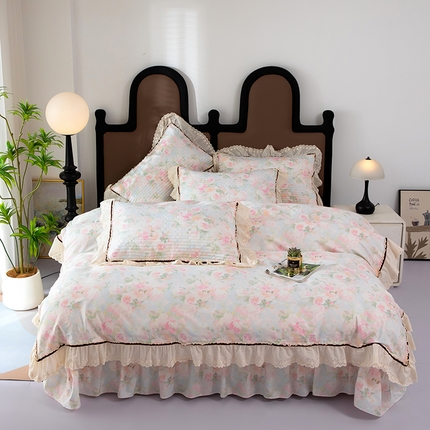 木兰花 2025新款欧式全棉印花韩版花边夹棉床盖床裙款四件套【控价288元起】艾洛伊莎粉