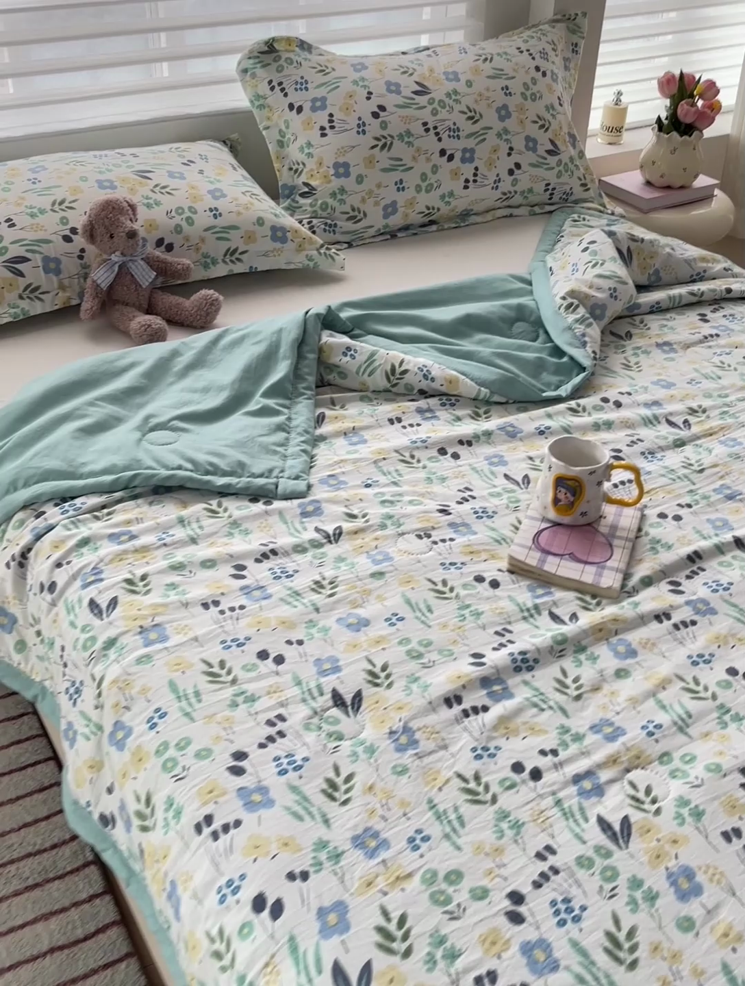 91家纺网 家纺一手货源 找家纺 富艺隆 2025新款水洗棉双层纱夏被 海岛清茶