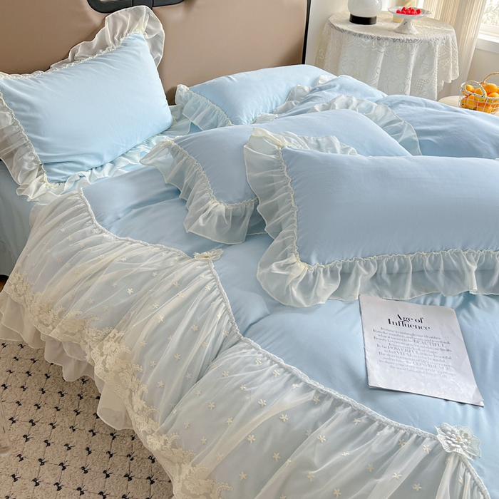 91家纺网 家纺一手货源 找家纺 艺玲家纺 2025新款糯小棉爱丽莎雪纺花边四件套 爱丽莎-蓝