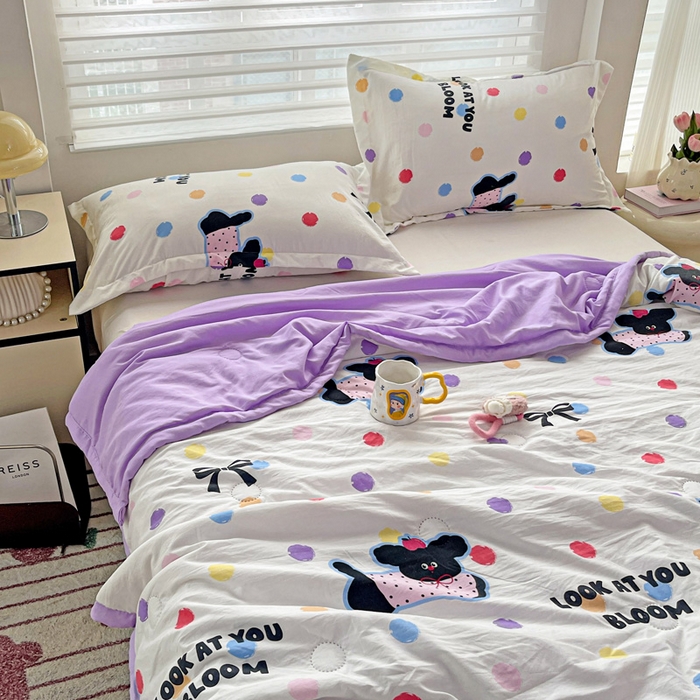 91家纺网 家纺一手货源 找家纺 富艺隆 2025新款水洗棉双层纱夏被 波点小狗