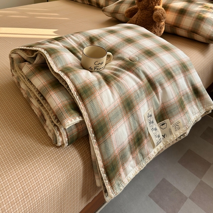 一加一 2025新款A类母婴级有氧全棉双层纱大豆纯棉夏凉被空调被四件套 迷迭绿格