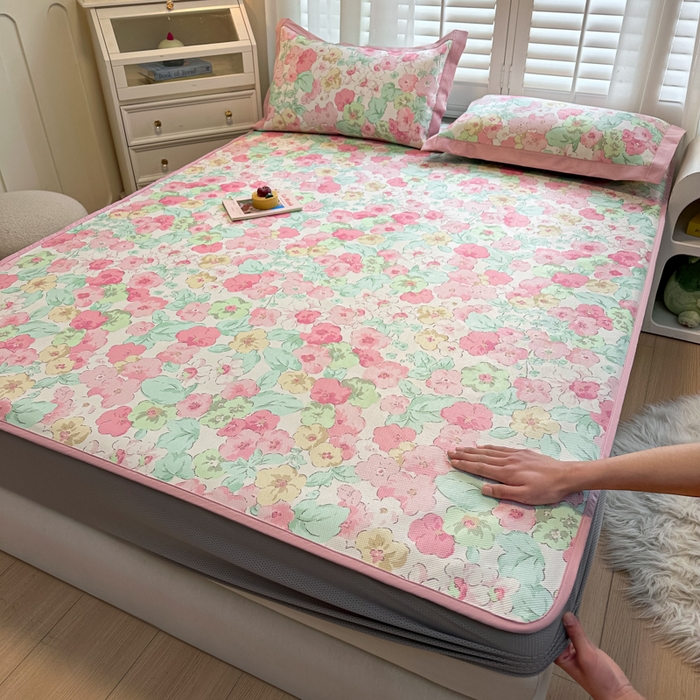 91家纺网 家纺一手货源 找家纺 迪乐妮 2025新款真冰藤印花床笠款凉席 繁花