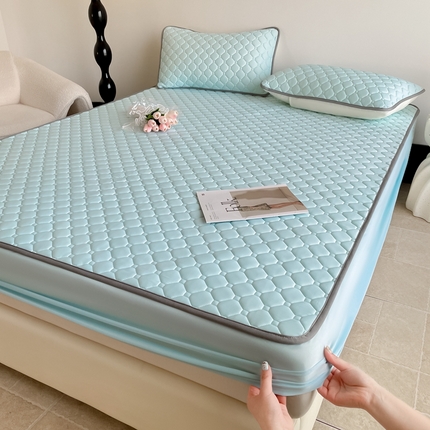 91家纺网 家纺一手货源 找家纺 2025新款加厚乳胶床笠款经典纯色夏被套件 方格-湖蓝