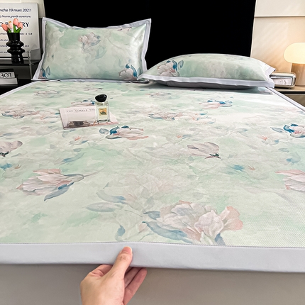 倾慕家纺 2025新款冰泉丝水墨风印花包边席子凉席 玉兰雅韵青